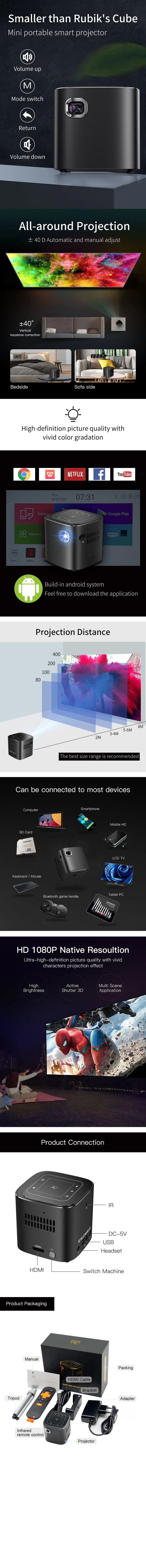 4K HD LED Android Home Theater DLP Mini Projector for Phone