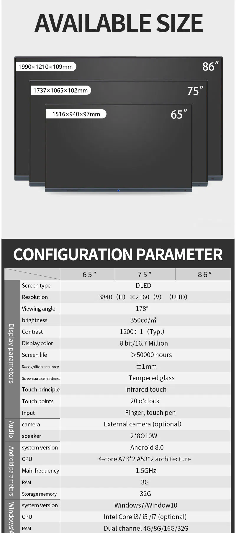 65 Inch LCD OPS IR-Touch 10 Points 20 Dots Wall Mount Interactive Smart Board Touch-Screen Whiteboard