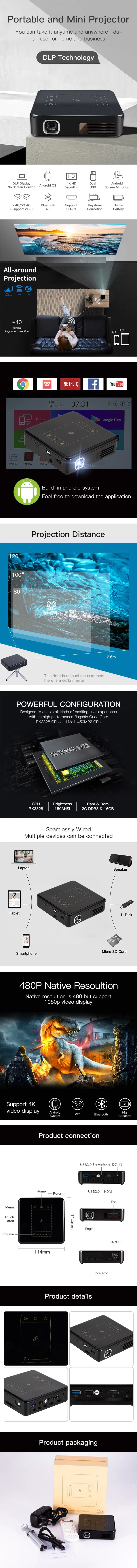 Android Smart Projector Pocket Size Home Theater Projectors with Touch Panel