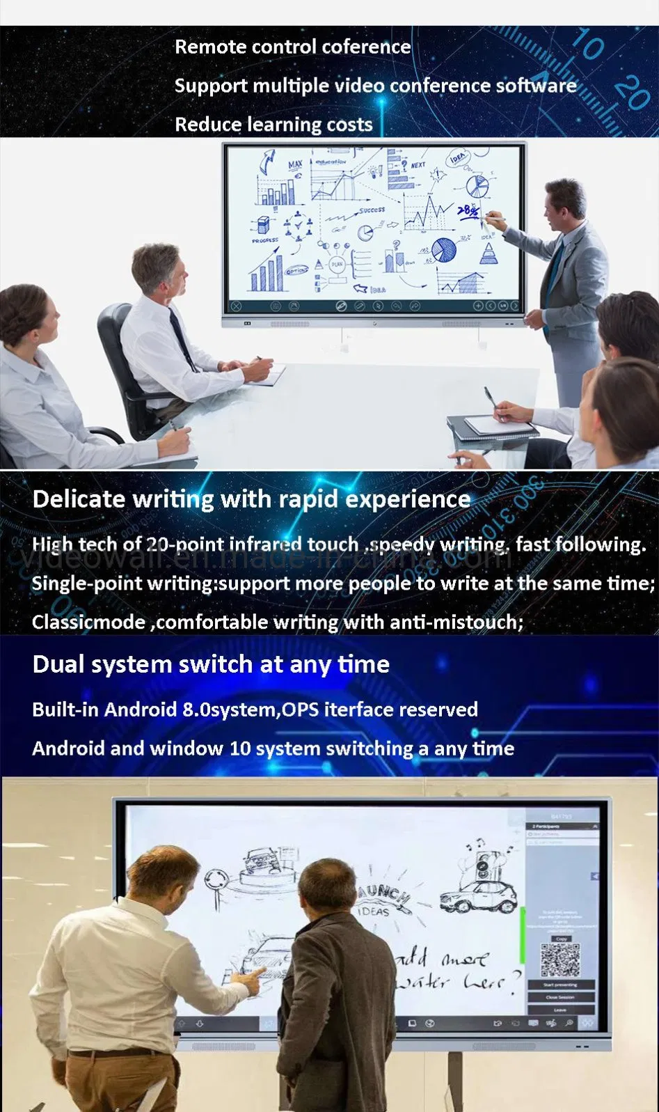 DV18 Series Android 8.0 Touch Screen Smart Board 65" 75"  85" Interactive Whiteboard For Education & Office Conference