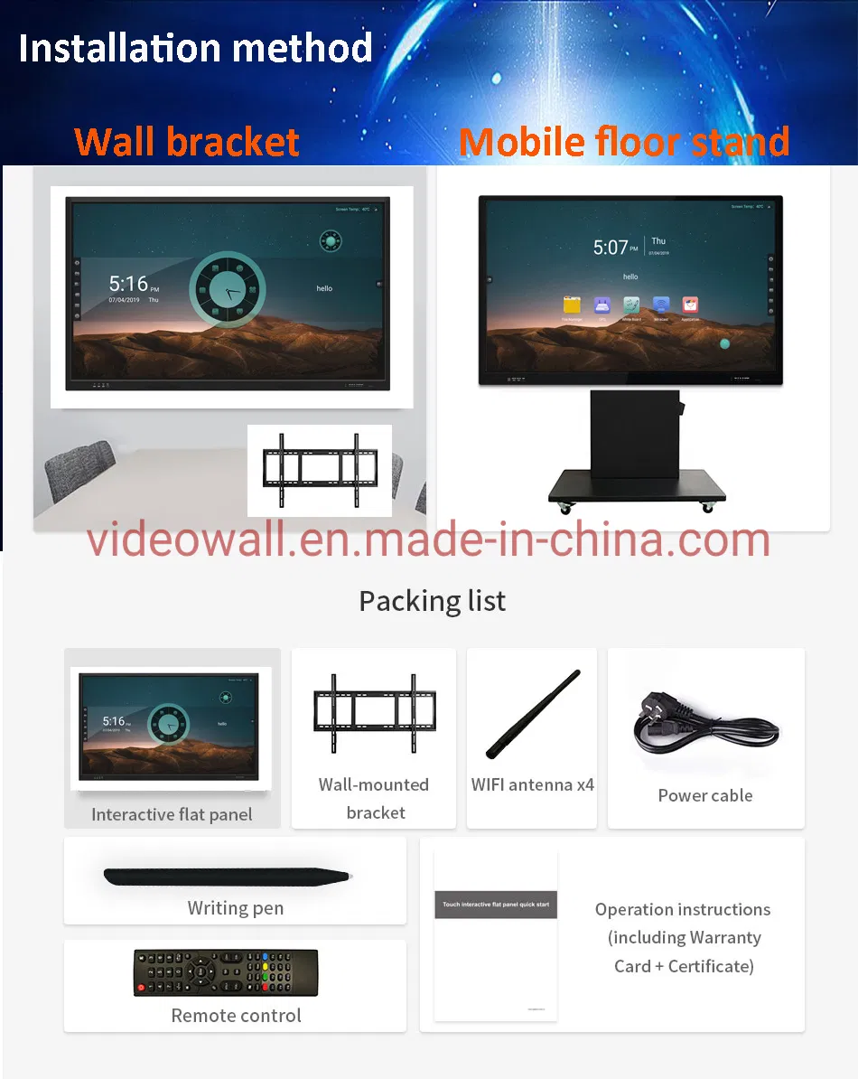 RAM4G+32G Android touch screen panel 85" interactive whiteboard