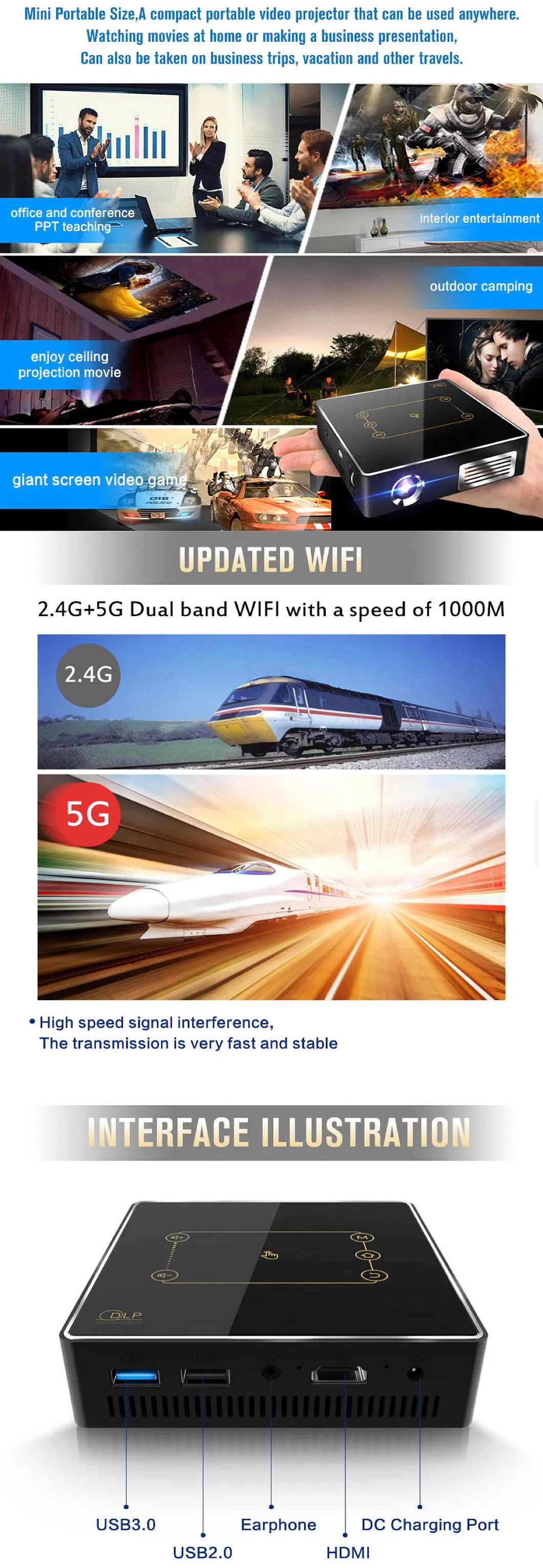 Smart Mini Rk3328 Portable HD 4K Video Mobile Wireless DLP Projector for Home Office