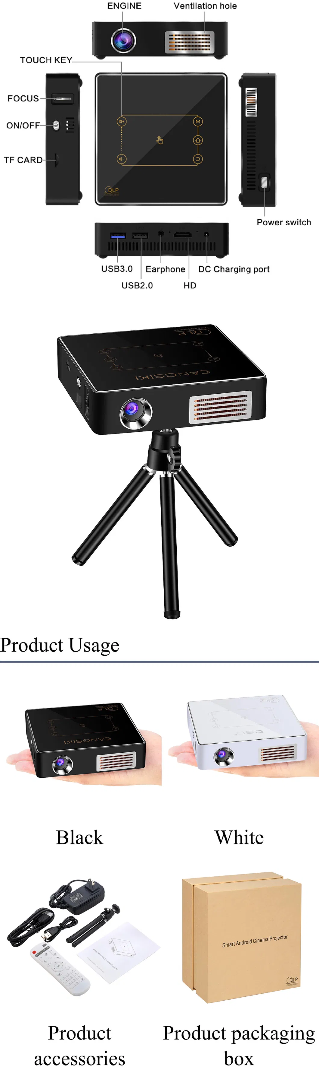 Smart Mini Rk3328 Portable HD 4K Video Mobile Wireless DLP Projector for Home Office