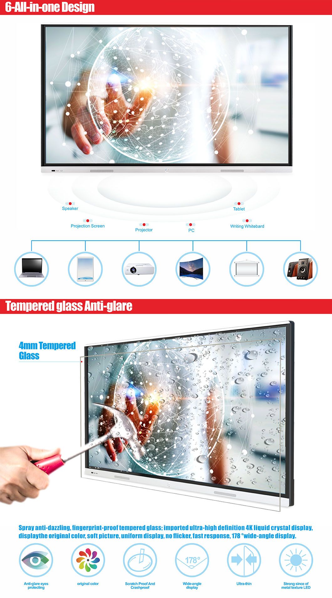 T6 Series 55 Inch Electronic Multi Touch Flat Panel Interactive Whiteboard Smartboard for Double Purpose Conference&Education
