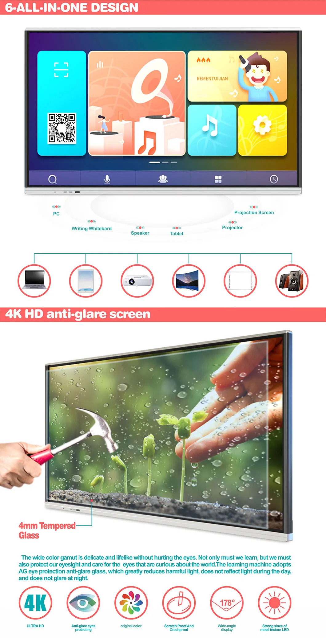 T6 Series 55 Inch Interactive Multi Touch Screen Smart Electronic Whiteboard Display for Office Conference and Classroom Education