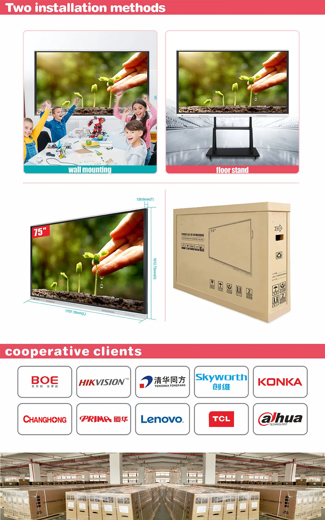 T6 Series 75 Inch Smart Flat Panel Whiteboard with Android and Windows System for Education&Conference