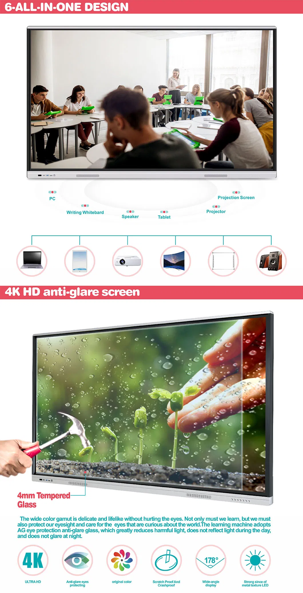 T6 Series 75 Inch Smart Flat Panel Whiteboard with Android and Windows System for Education&Conference