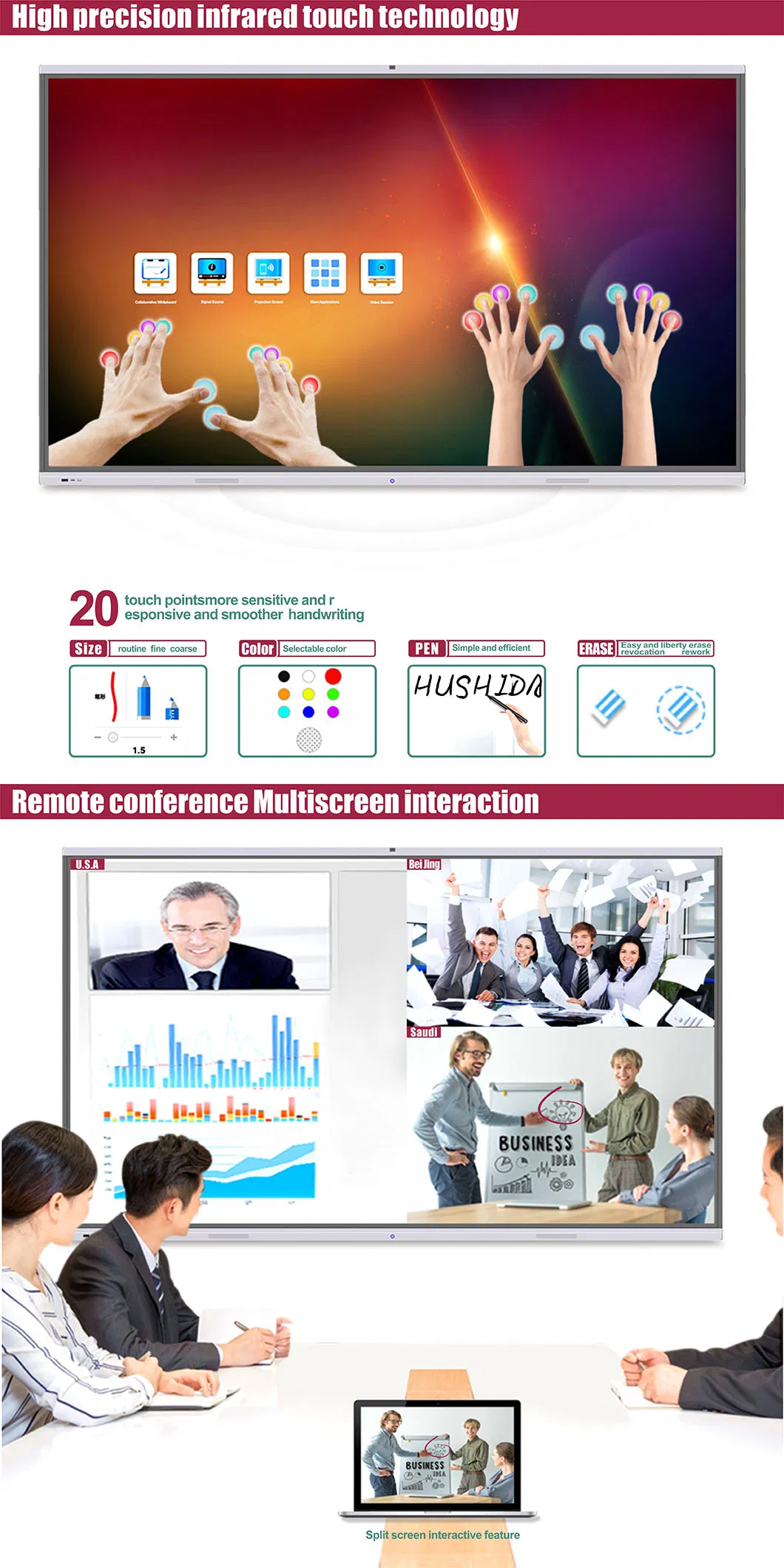 T6 Series 85 Inch Smartboard Interactive Whiteboard with Built-in Camera Microphone and Android+Windows System Used for Conference or Education