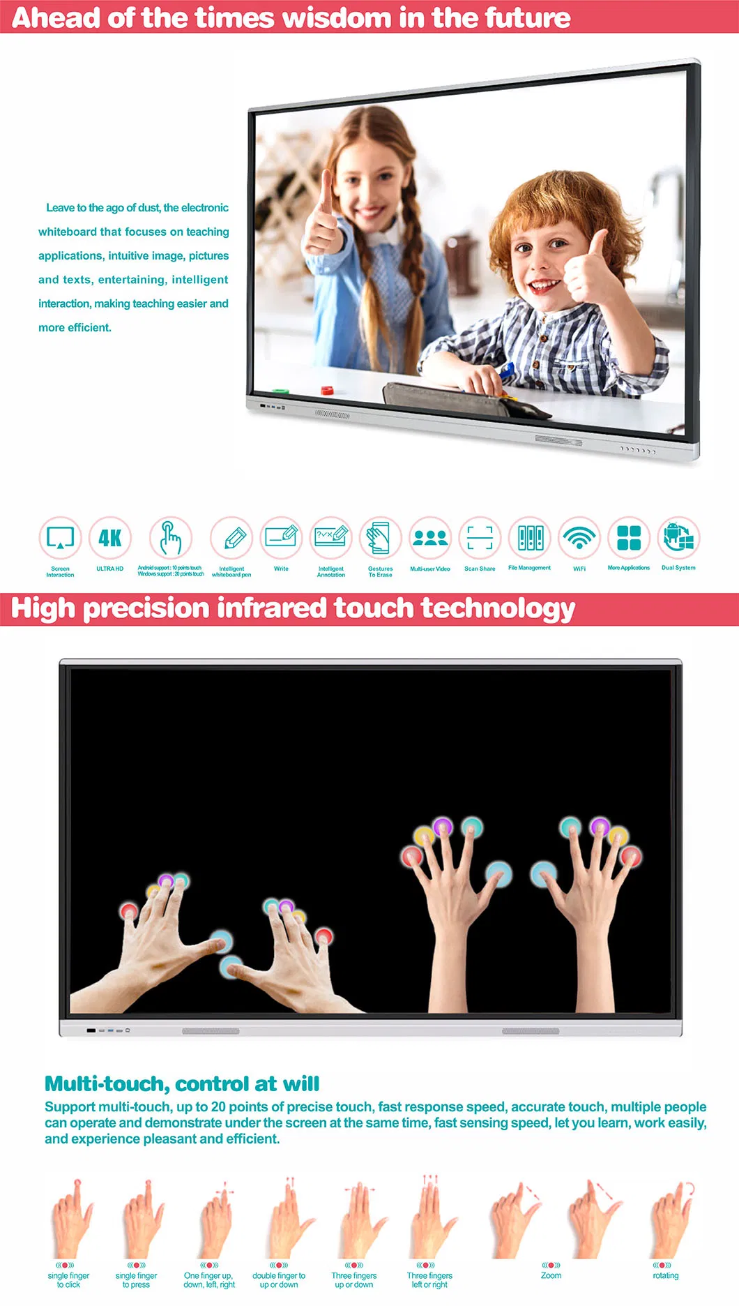 T6h86b SKD 86 Inch 4K LCD Display Interactive Intelligence Panel Android / Windows Dual System 86′′ Infrared Interactive Board for Education