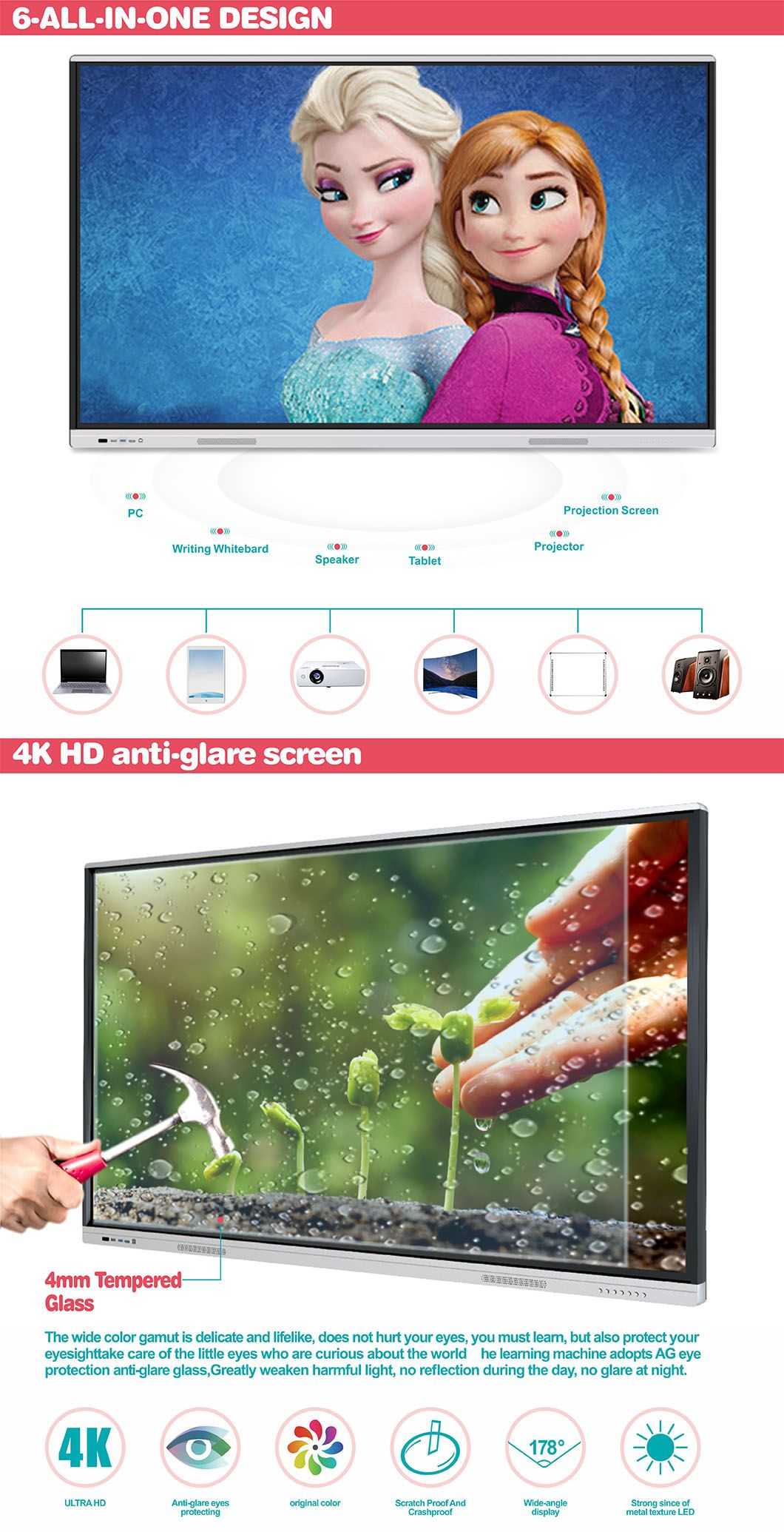 T6h86b SKD 86 Inch Seven Key Button Interactive Intelligence Panel Glass Board for Conference Room