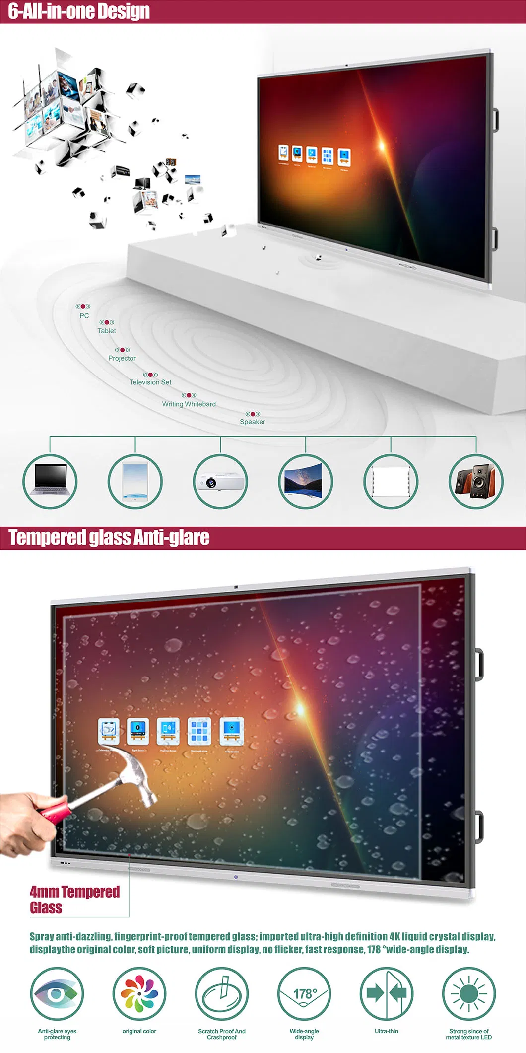 T6m86c SKD 86inch 4K IR Touch Android-Windows Dual System Electronic Blackboard Whiteboard