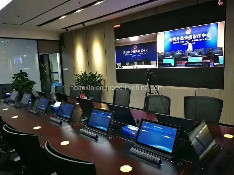 Ultra-Thin Motrized15.6′′/17.3′′ LCD Monitor Lift Integrated with Hidden Flip-up Array Microphone for Audio Video Conference System