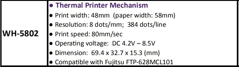 Wh-5802 58mm Thermal Printer Mechanism Printer Head