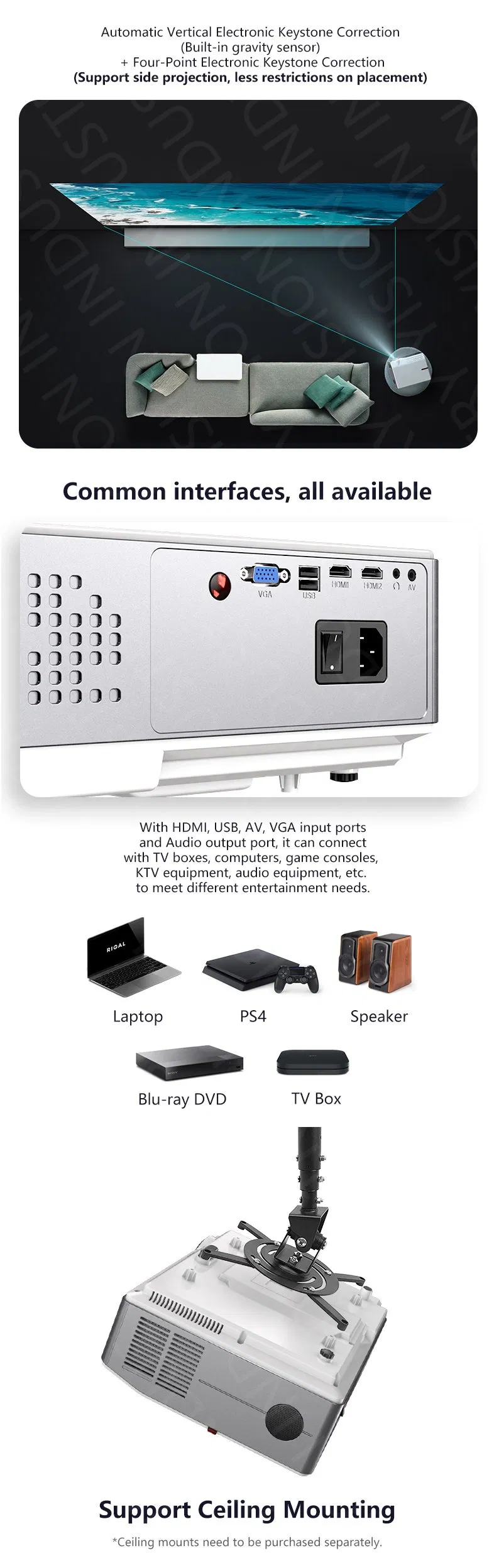 Yi-826 1920X1080 4000lumens WiFi HiFi LED Home/Business/Education Projector