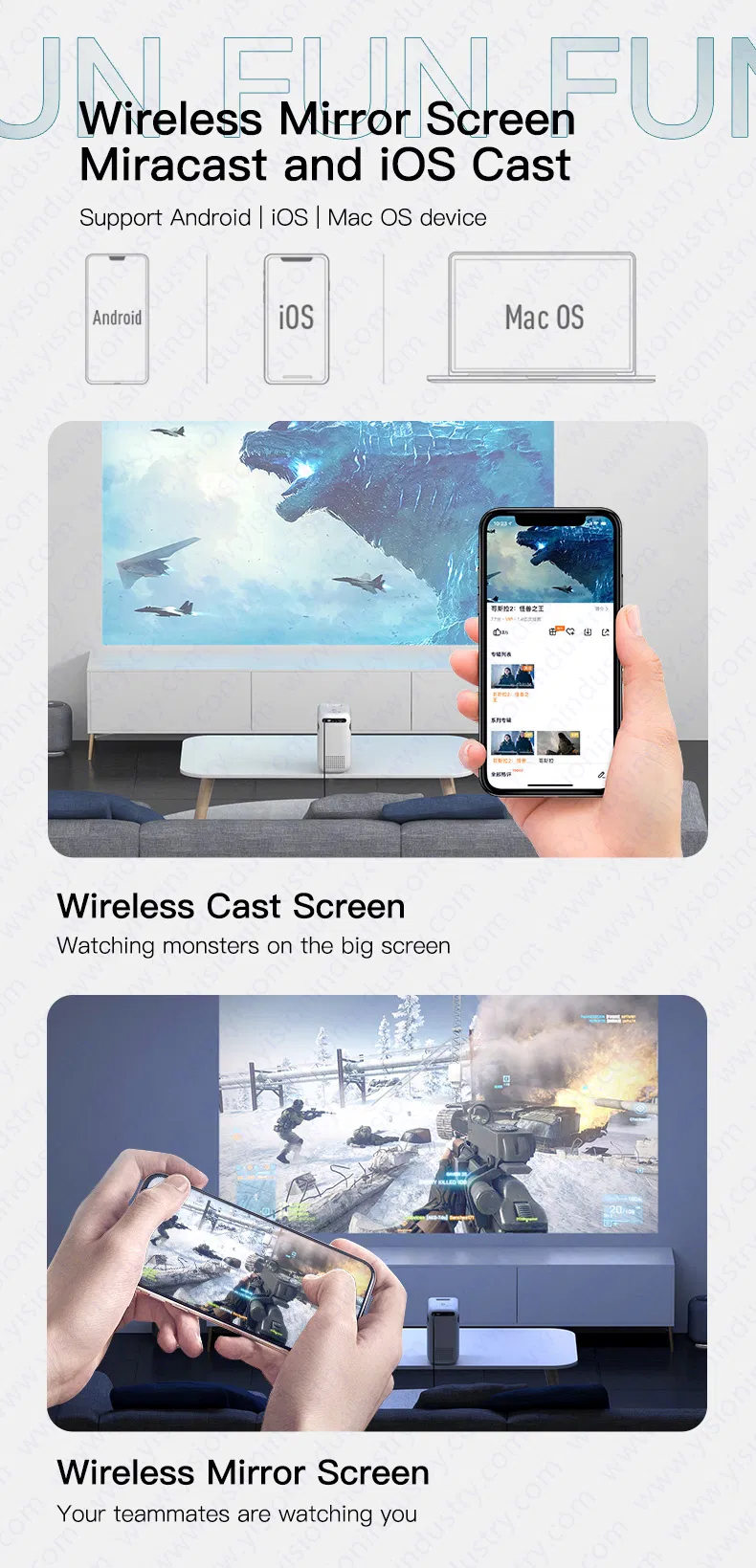 Yi-855 1280*720 Portable Outdoor Upright Android9.0 Multi-Function Projector
