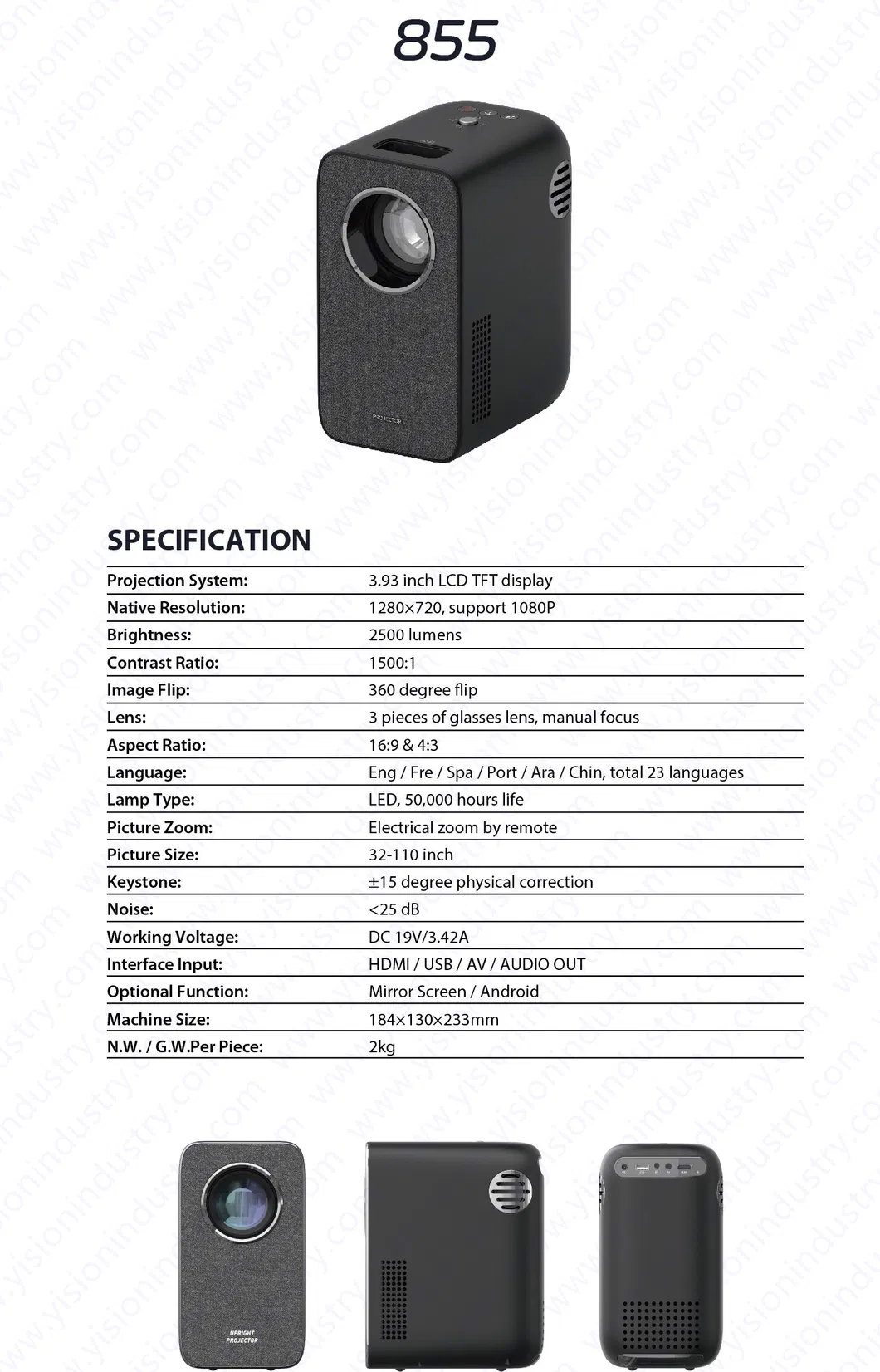 Yi-855 1280*720 Portable Outdoor Upright Android9.0 Multi-Function Projector